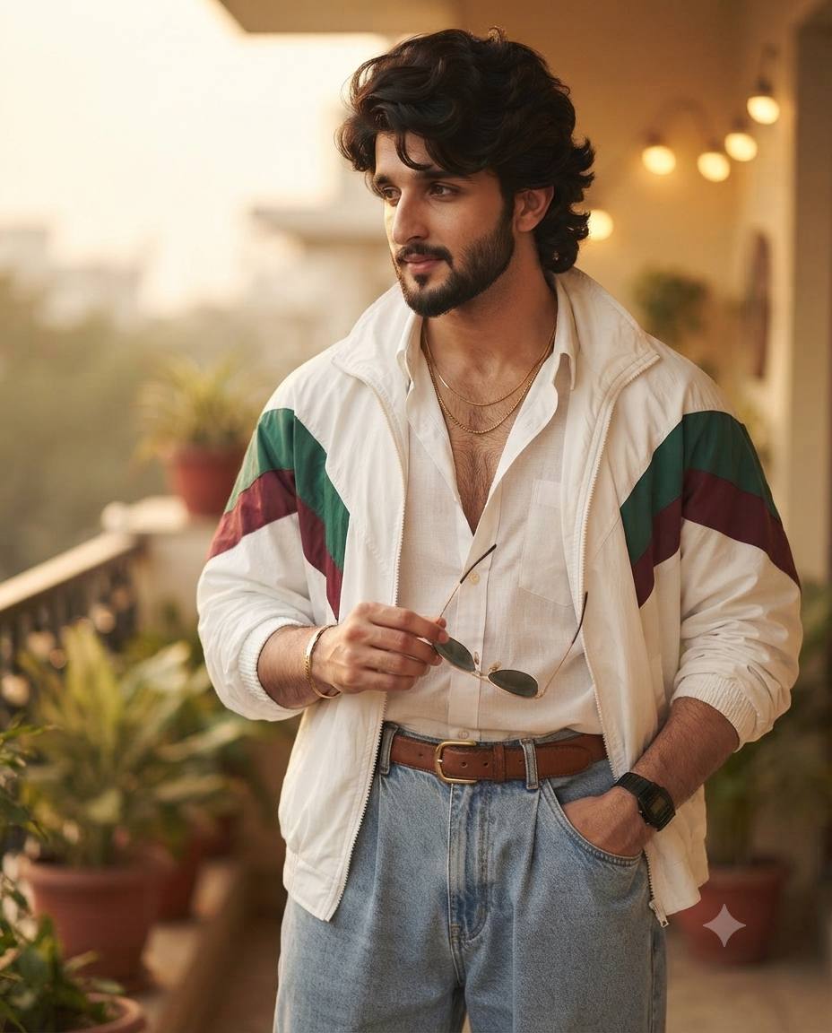 1980s Indian man retro portrait AI prompt | Vintage fashion style