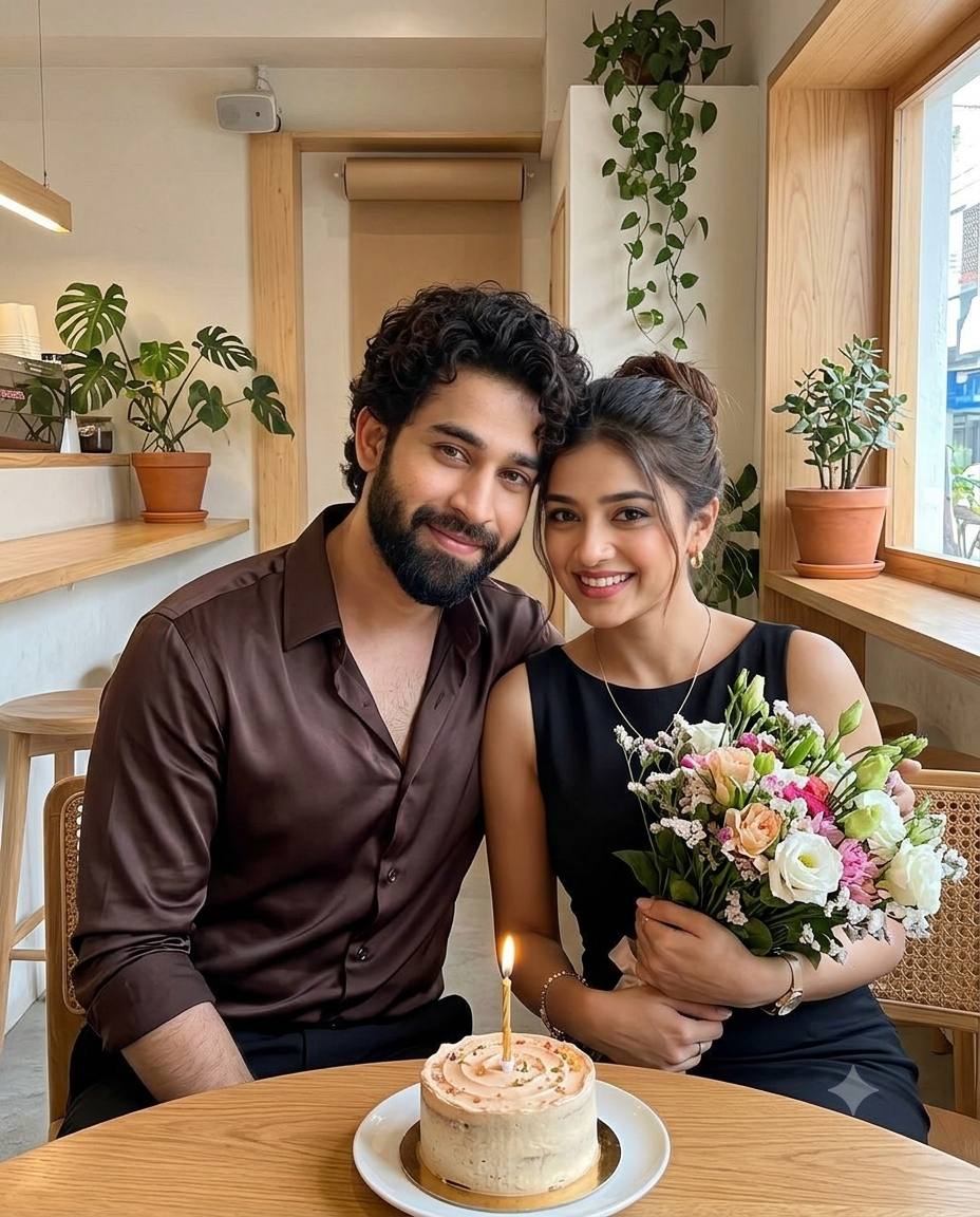 couple birthday AI prompt | Brown satin shirt, black dress and flower bouquet