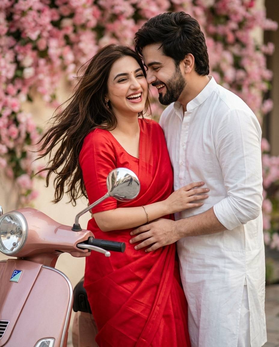 Indian couple portrait AI prompt | Red silk saree, white kurta & pink Vespa
