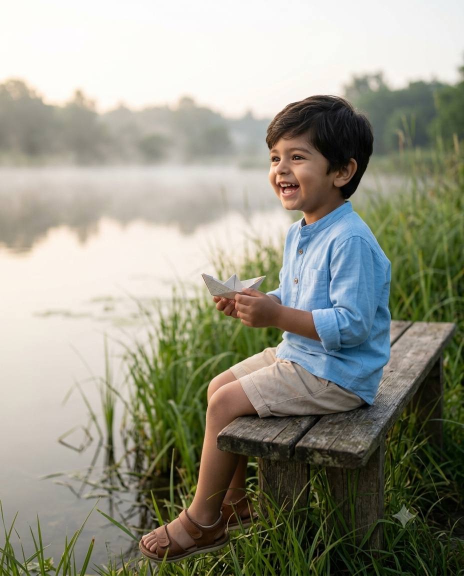 Indian boy lake portrait AI prompt | Peaceful sunrise and paper boat