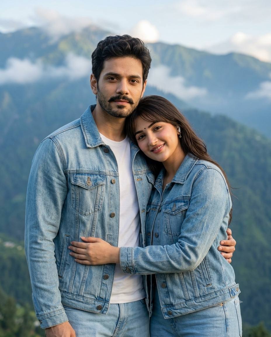 Indian couple mountain portrait AI prompt | Matching denim jackets & misty backdrop