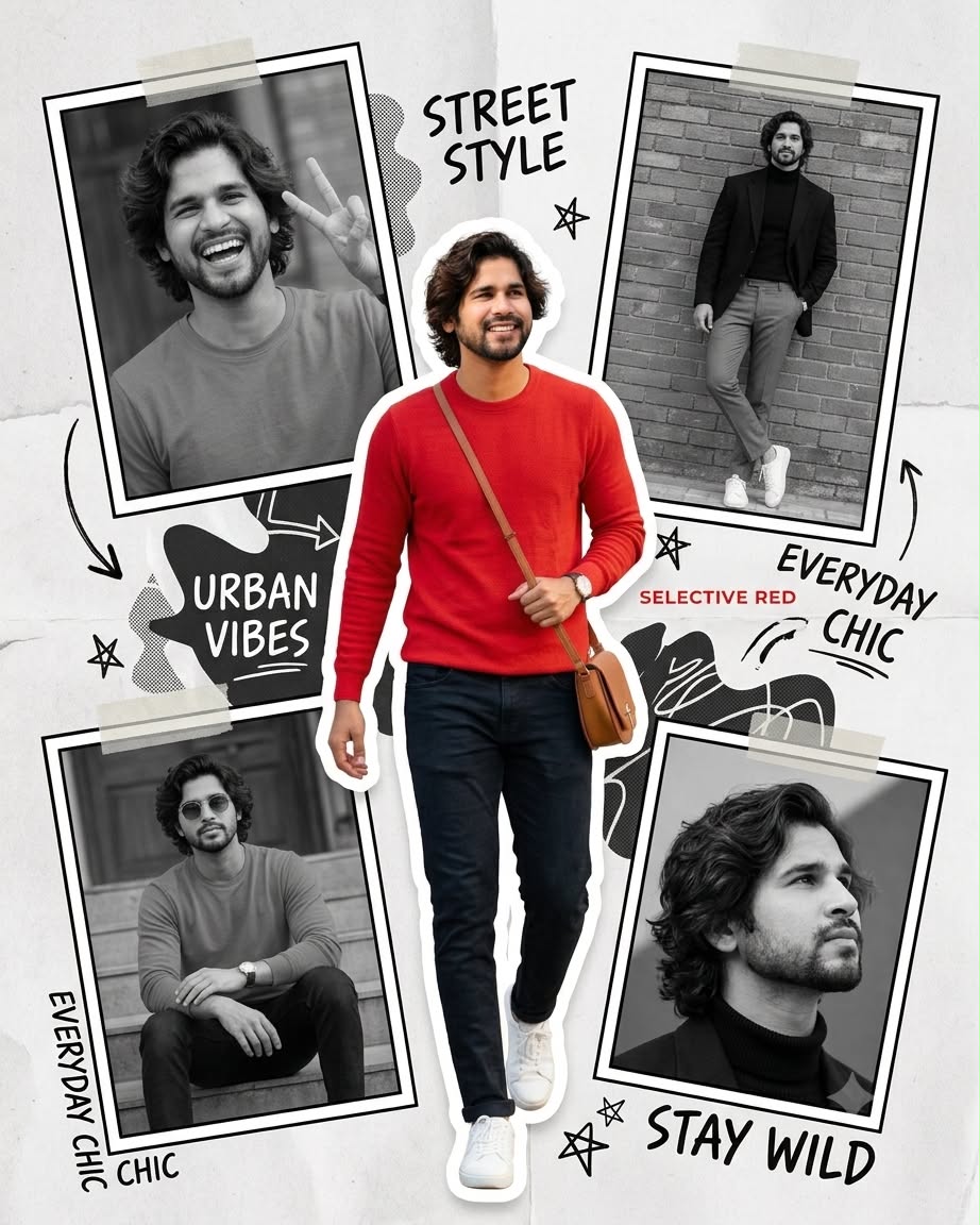 Indian Man Fashion Collage Editorial AI Prompt Color Pop Street Style