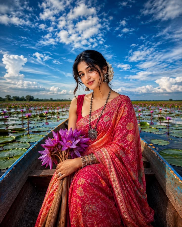Lotus Lake Portrait AI Prompt | Cinematic Travel Photography in Traditional Attire