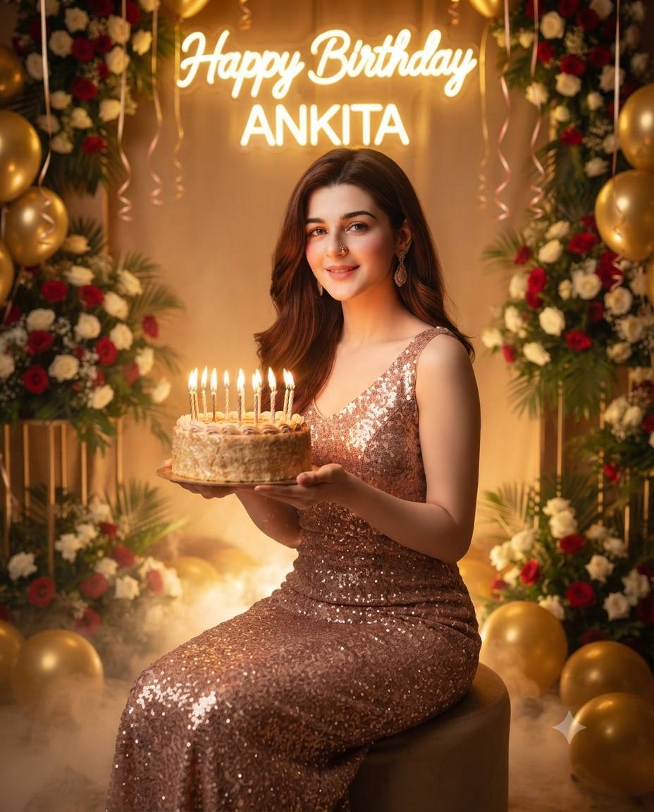 Luxury birthday photoshoot AI prompt | Sparkle dress and golden balloons