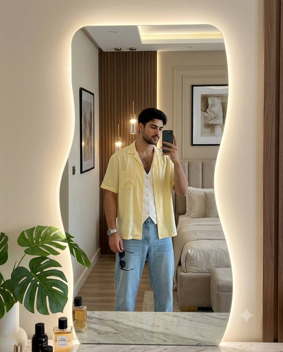 Luxury bedroom mirror selfie AI prompt | Pastel yellow shirt, jeans & LED mirror