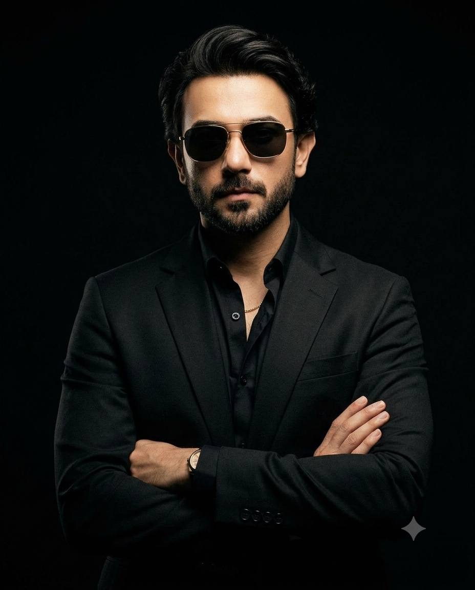 Luxury black suit portrait AI prompt | Gold chain & dramatic studio lighting