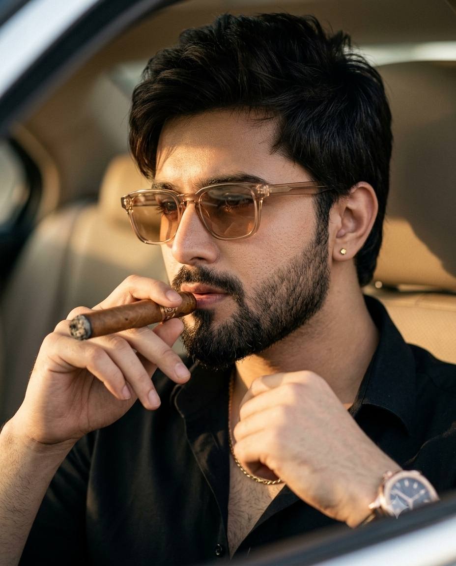 Luxury male car portrait AI prompt | Black shirt, gold chain & golden-hour light