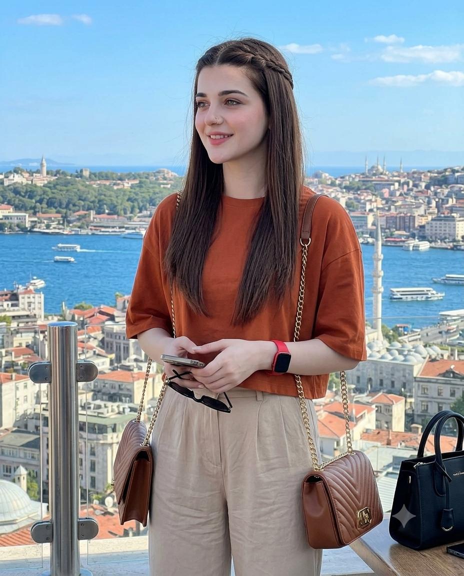 Woman Coastal Rooftop Portrait AI Image Prompt | Rust Orange T-Shirt & European Sea View