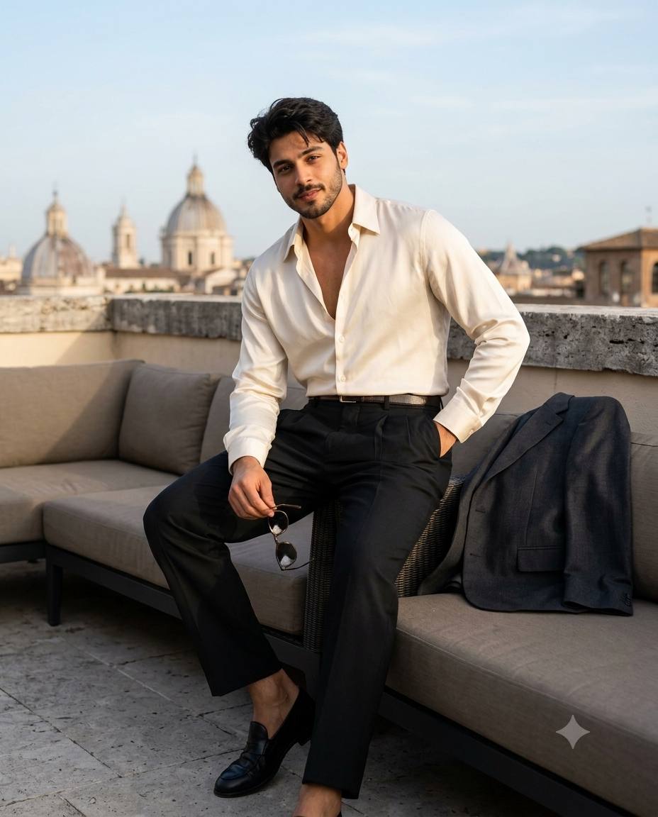 Italian palazzo menswear AI prompt | Silk shirt, charcoal blazer & pleated trousers