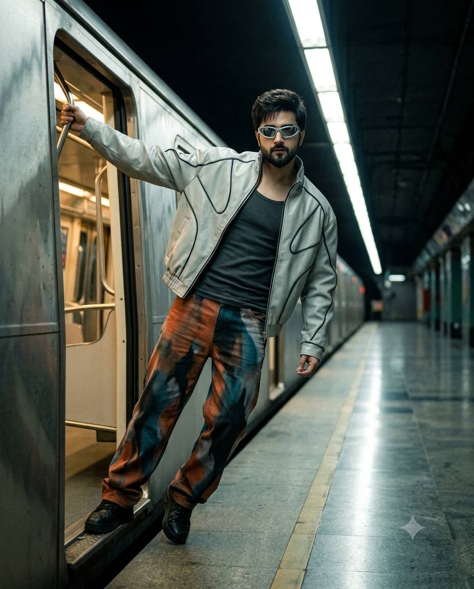 Metro street fashion portrait AI prompt | Gritty underground editorial