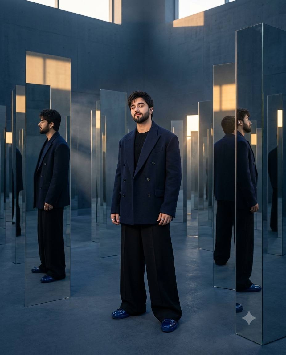 Mirror labyrinth fashion portrait AI prompt | Futuristic high-fashion minimalism