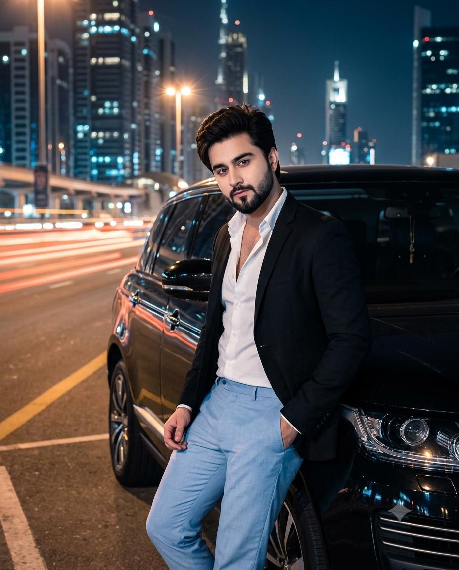 Luxury Night Street Man Portrait AI Image Prompt | Black SUV & Cinematic City Lights