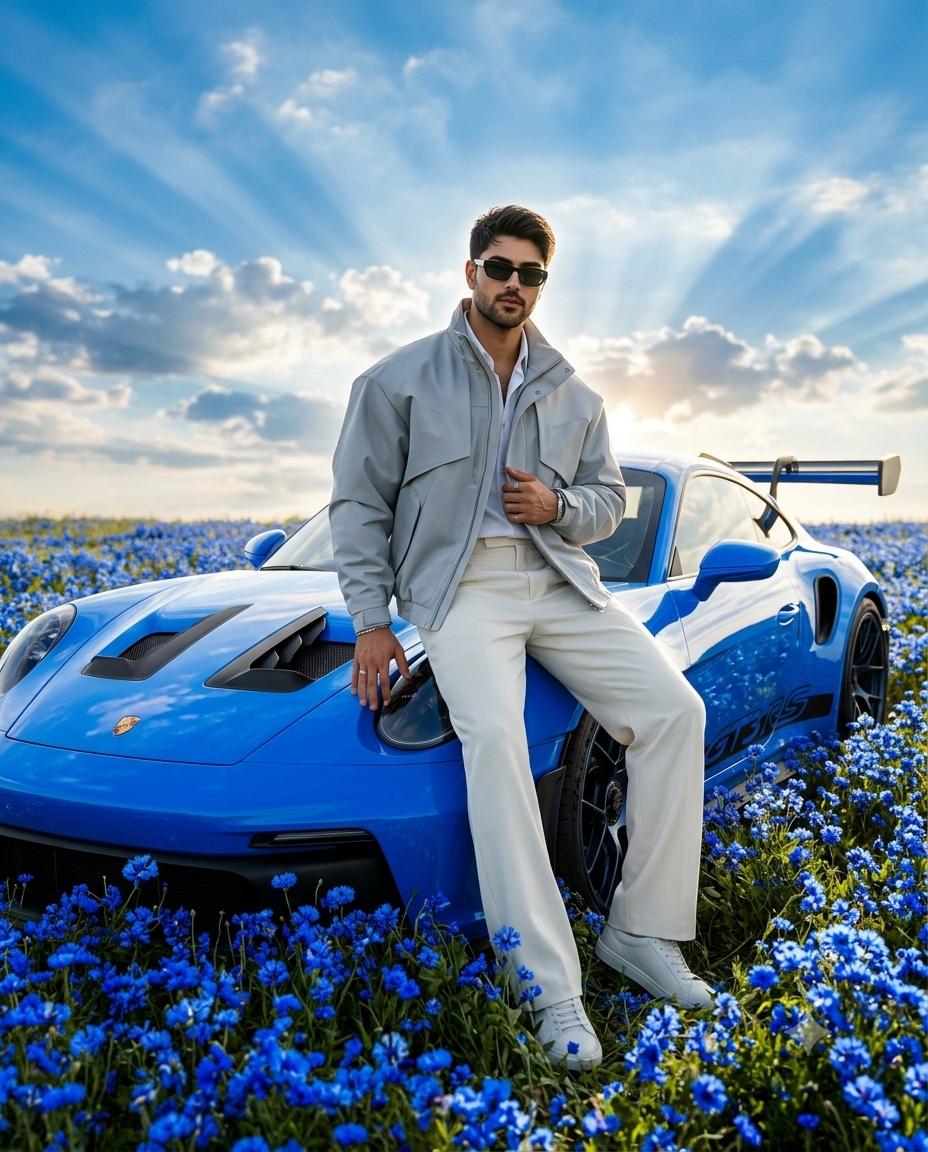 Porsche 911 GT3 RS Cinematic Portrait AI Image Prompt | Blue Wildflower Field & Futuristic Style