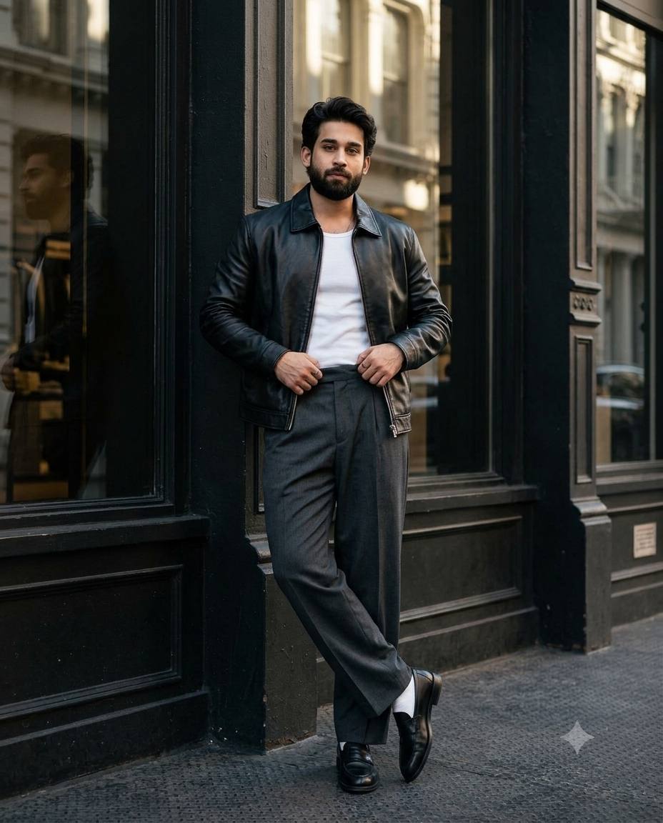 Luxury streetwear portrait AI prompt | Black leather jacket and Soho fashion