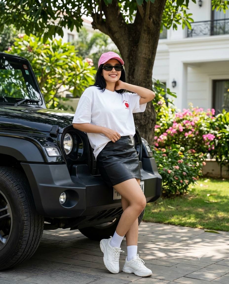 Luxury SUV fashion AI prompt | White tee, leather skirt & pink cap