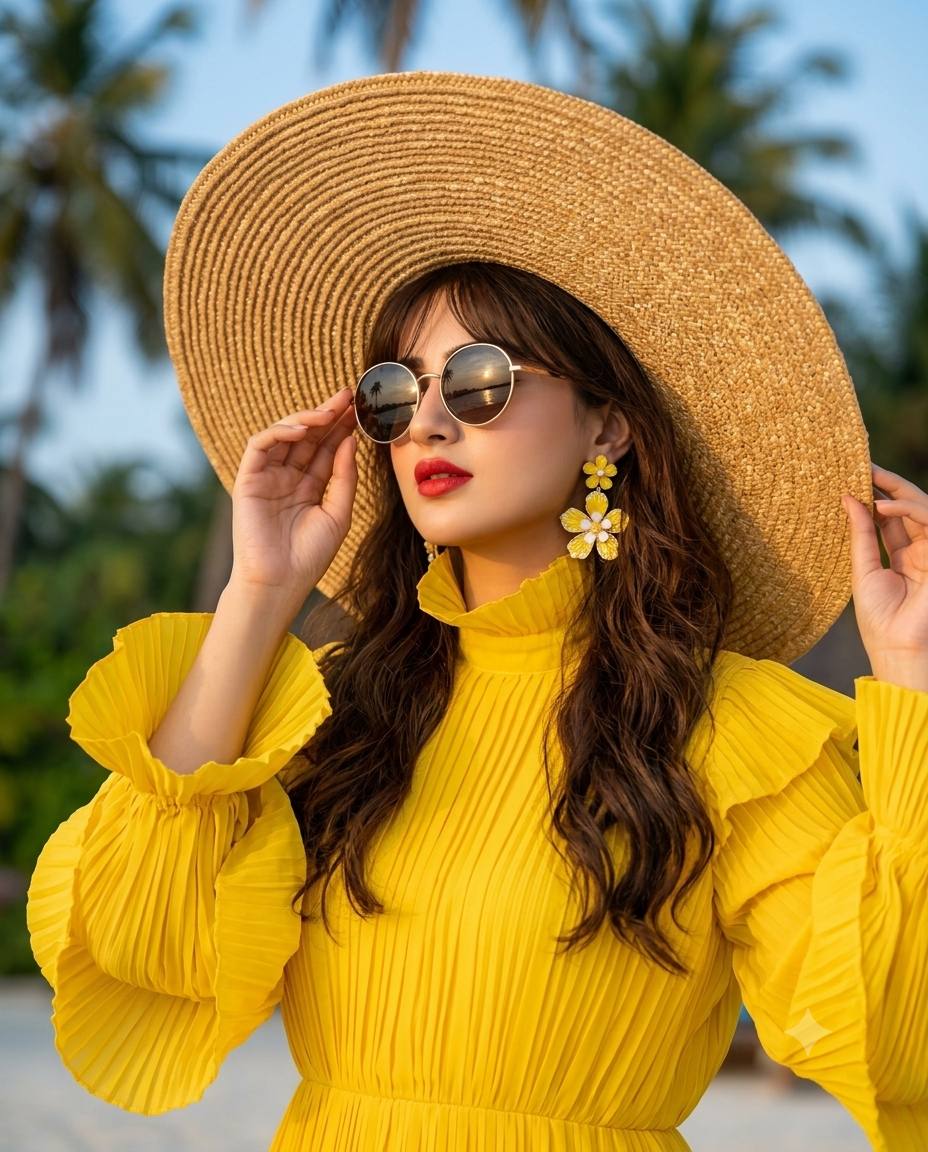 Luxury yellow fashion portrait AI prompt | Straw hat and tropical editorial style
