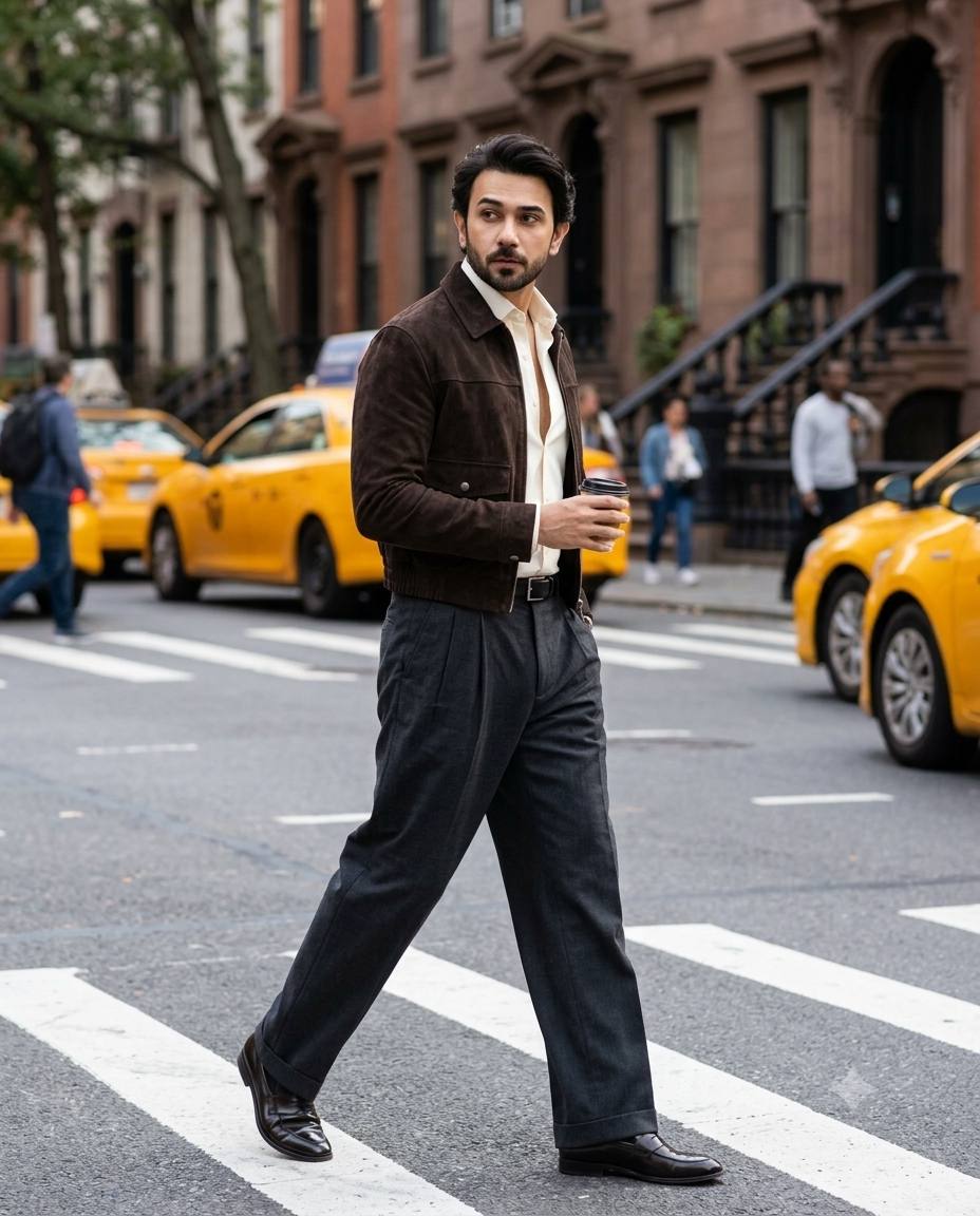 Manhattan street style AI prompt | Espresso suede jacket & coffee