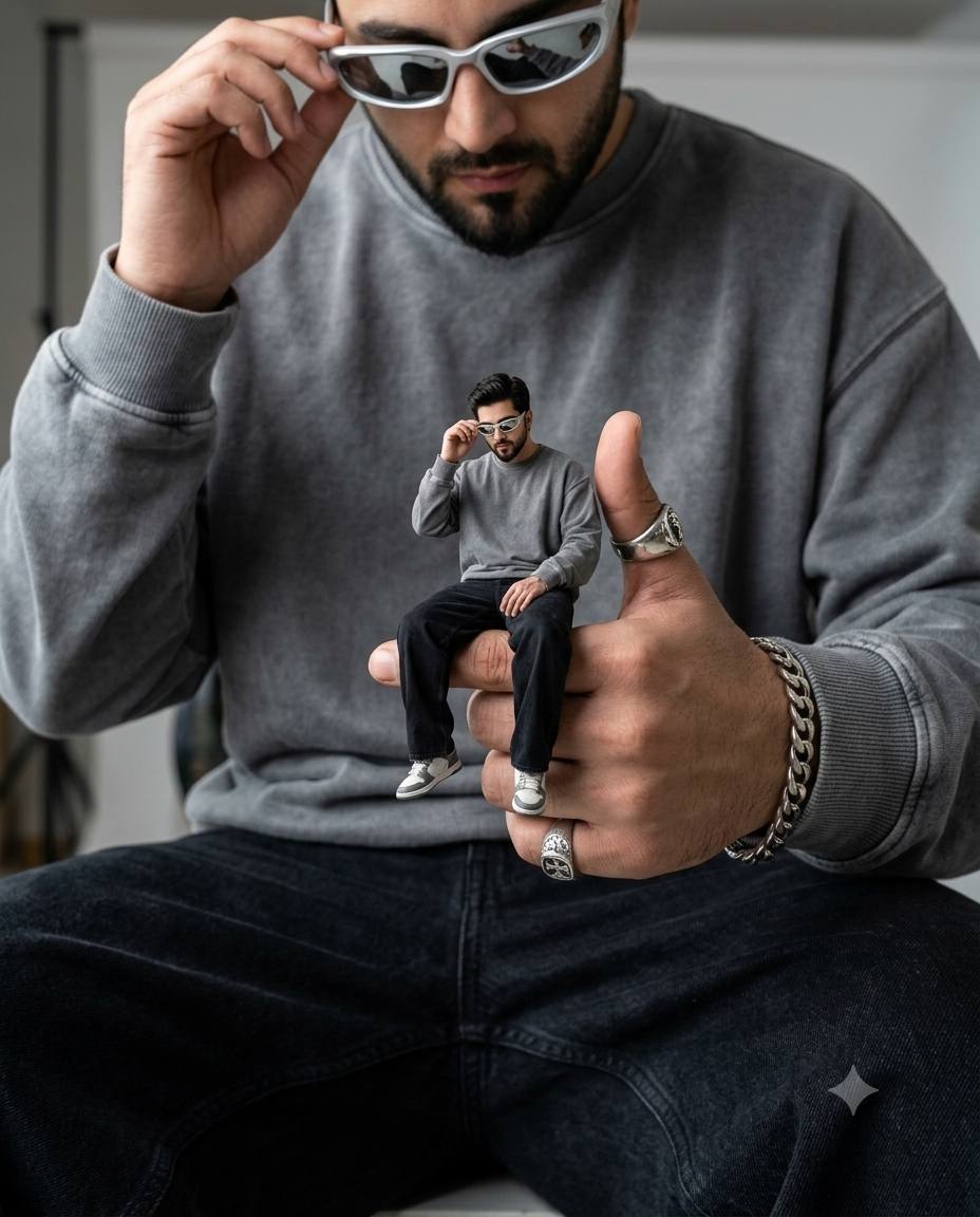 Miniature self AI prompt | Forced perspective macro streetwear