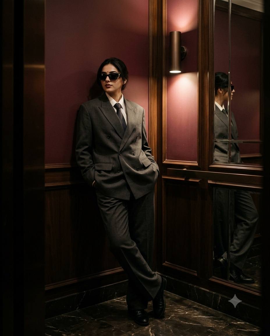 Luxury elevator fashion AI prompt | Charcoal suit, sunglasses & burgundy interior