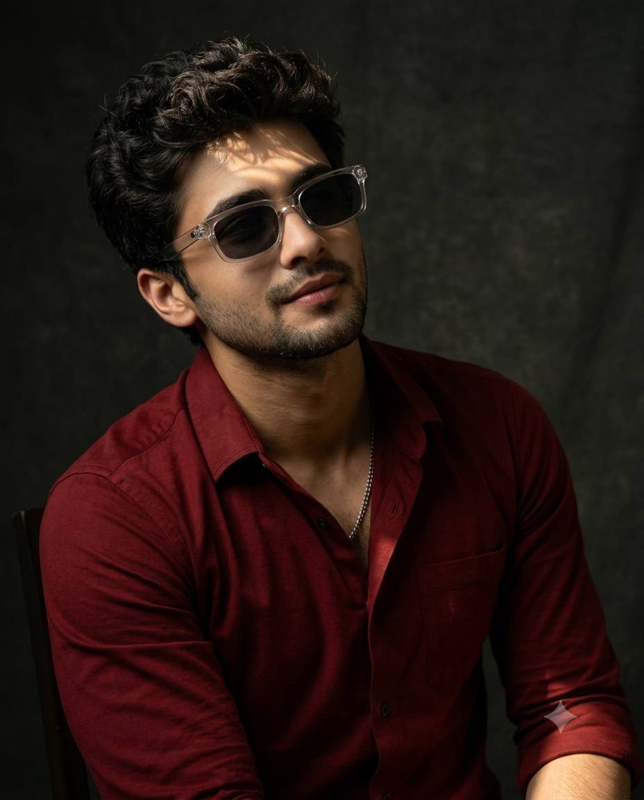 South Indian man portrait AI prompt | Dark red shirt, clear sunglasses & dramatic light