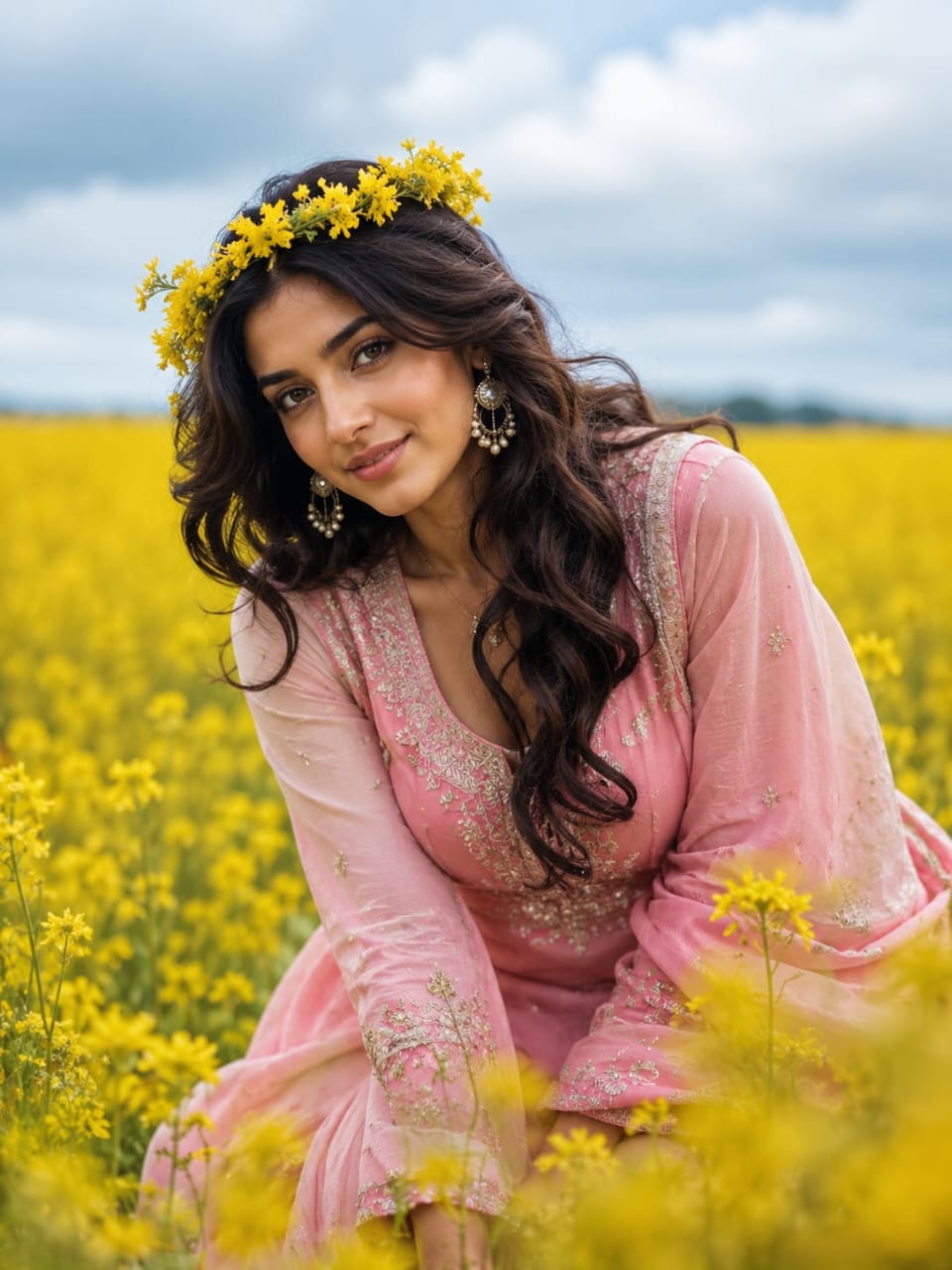 Mustard Flower Field Portrait AI Prompt | Dreamy Cinematic Fashion Photography