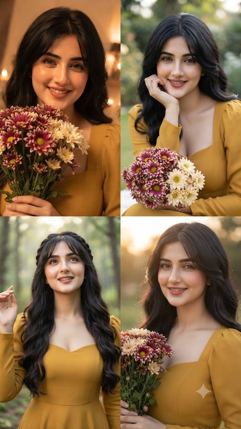 Mustard yellow dress floral collage AI prompt | 4-panel portrait style