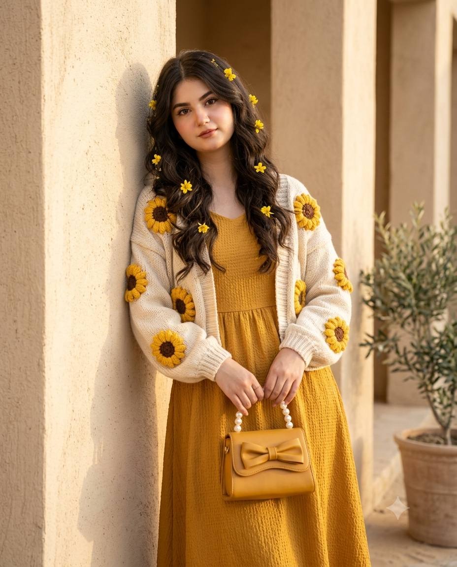 Mustard Yellow Floral Fashion Portrait – Ultra-Realistic 8K AI Photo Prompt
