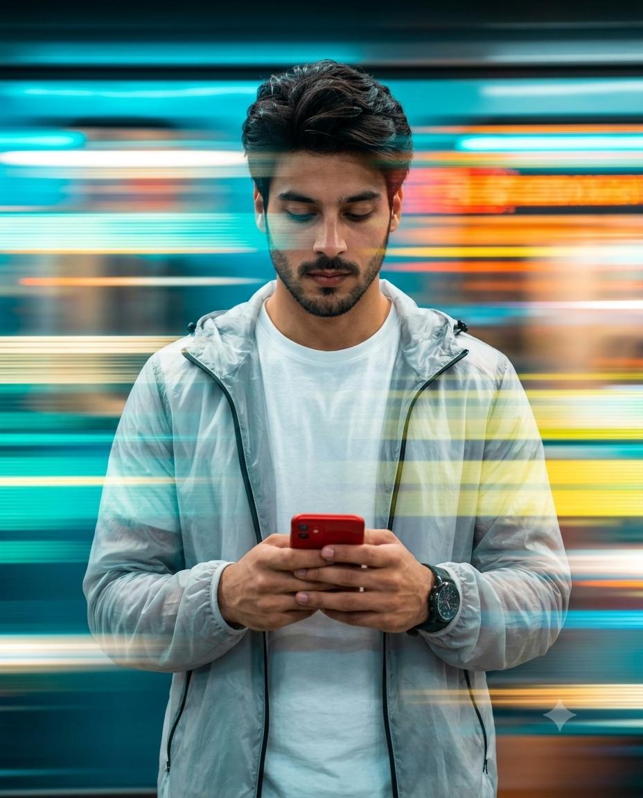 Man Neon Speed Light Portrait AI Image Prompt | Double Exposure Motion Blur & Red Smartphone