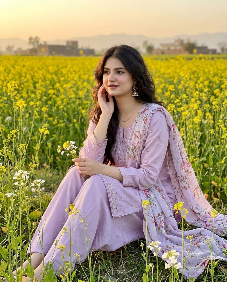 Punjabi Woman Lilac Portrait AI Image Prompt | Embroidered Shalwar Suit & Golden Hour