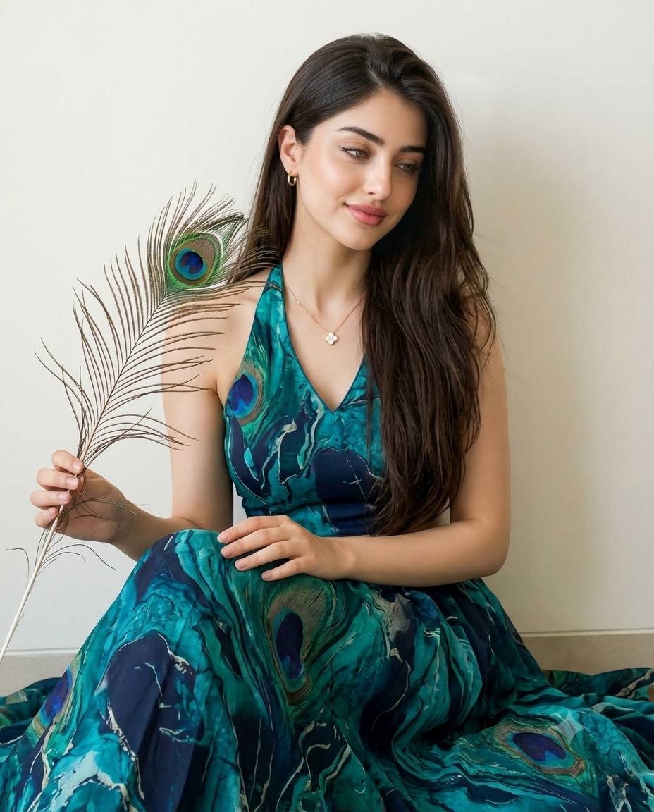 Peacock-Inspired Indian Lehenga Portrait with Peacock Feather | Ultra-Realistic AI Image Prompt