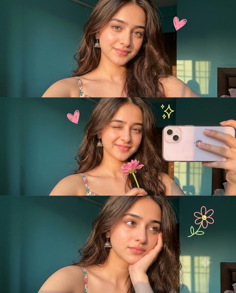 Cute Girl 3-Panel Selfie Collage AI Image Prompt | Photorealistic Cute Expressions