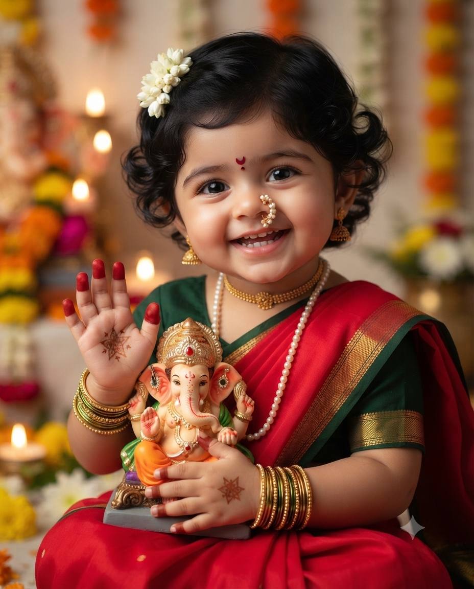 Indian baby girl Ganesh Chaturthi AI prompt | Photorealistic Ganesha idol hug