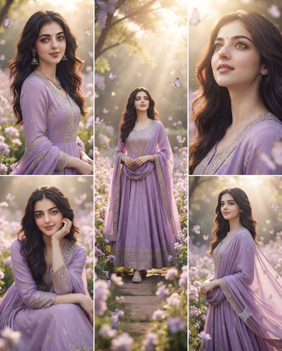 Lavender Anarkali five-pose portrait AI prompt | Premium traditional style