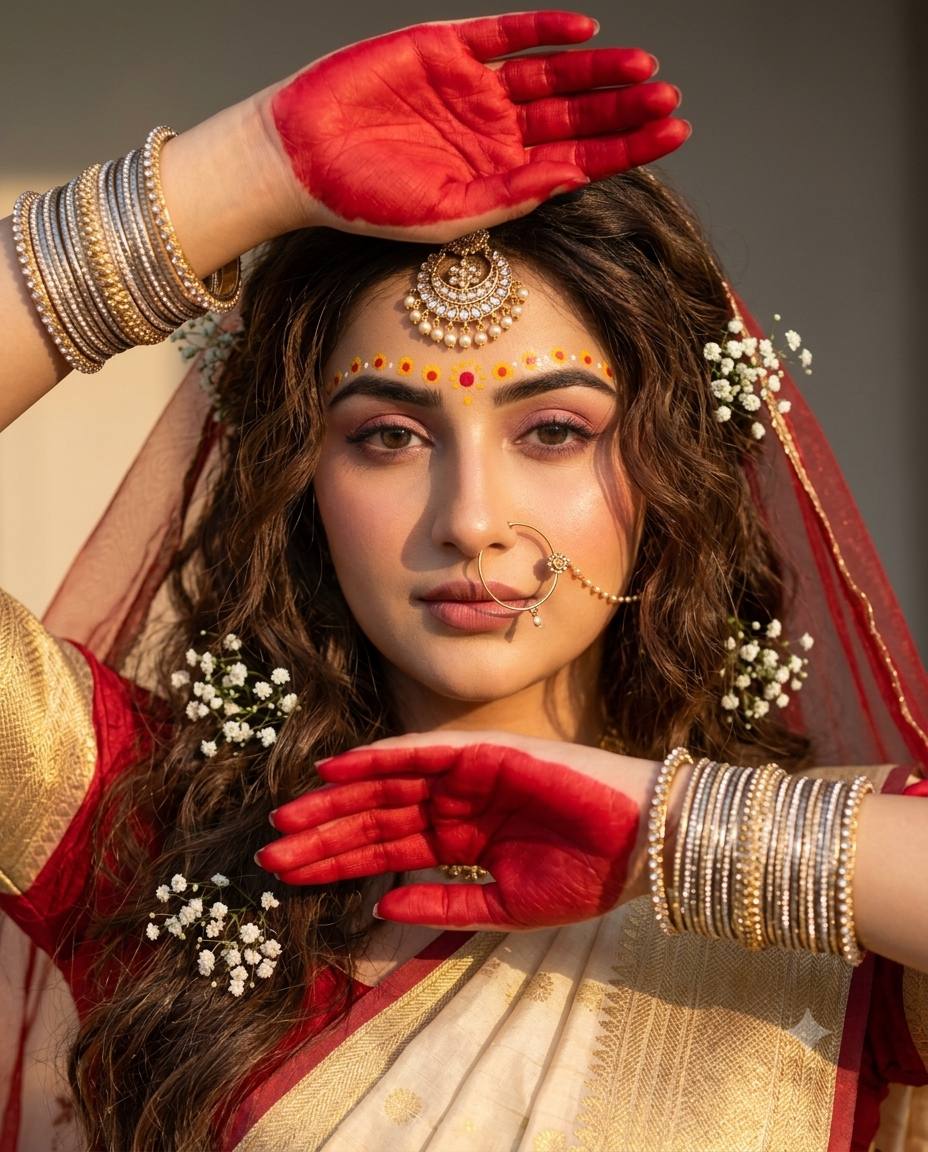 Radha-inspired woman AI prompt | Red veil, alta & maang tikka
