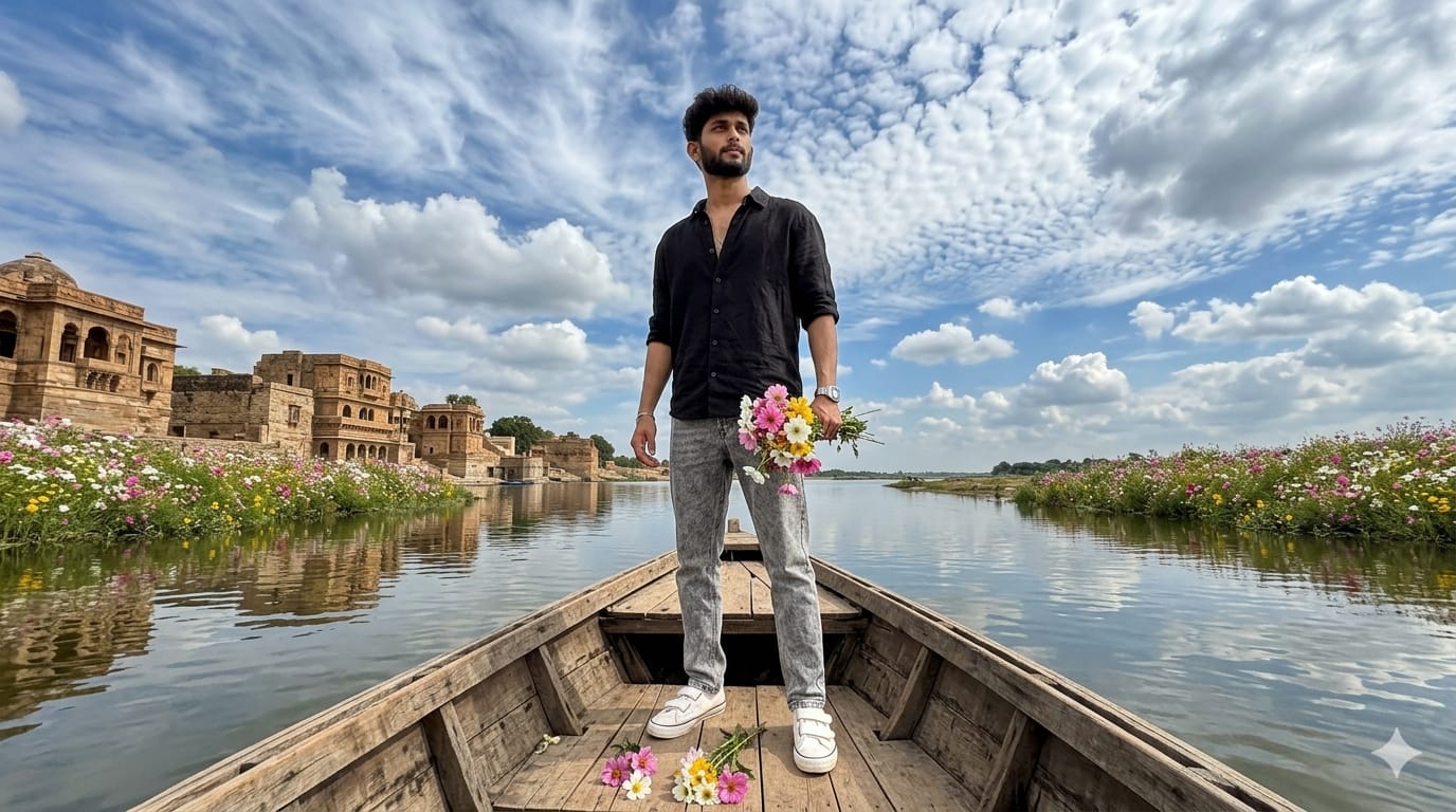 Realistic Man on Boat Ultra-Wide, High-Detail 90s Vintage Aesthetic AI Prompt