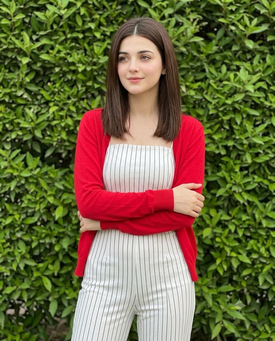 Woman Red Cardigan Fashion Portrait AI Image Prompt | Realistic DSLR & Green Hedge