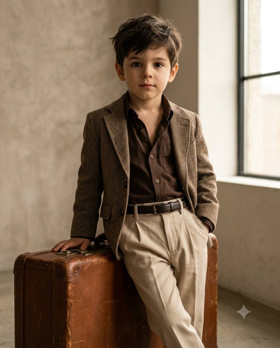Retro boy fashion AI prompt | Brown blazer, beige trousers & vintage suitcase