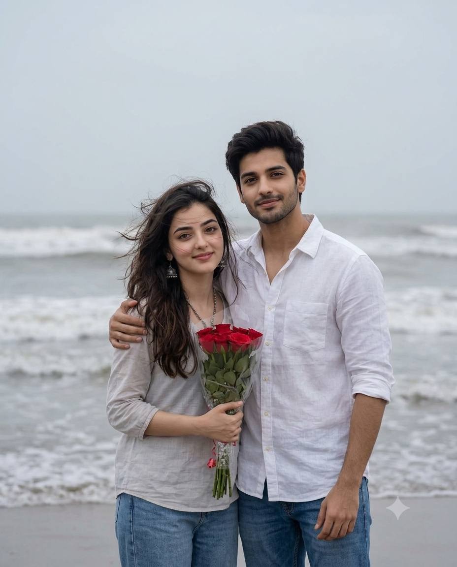 Romantic beach couple portrait AI prompt | White linen and rose bouquet