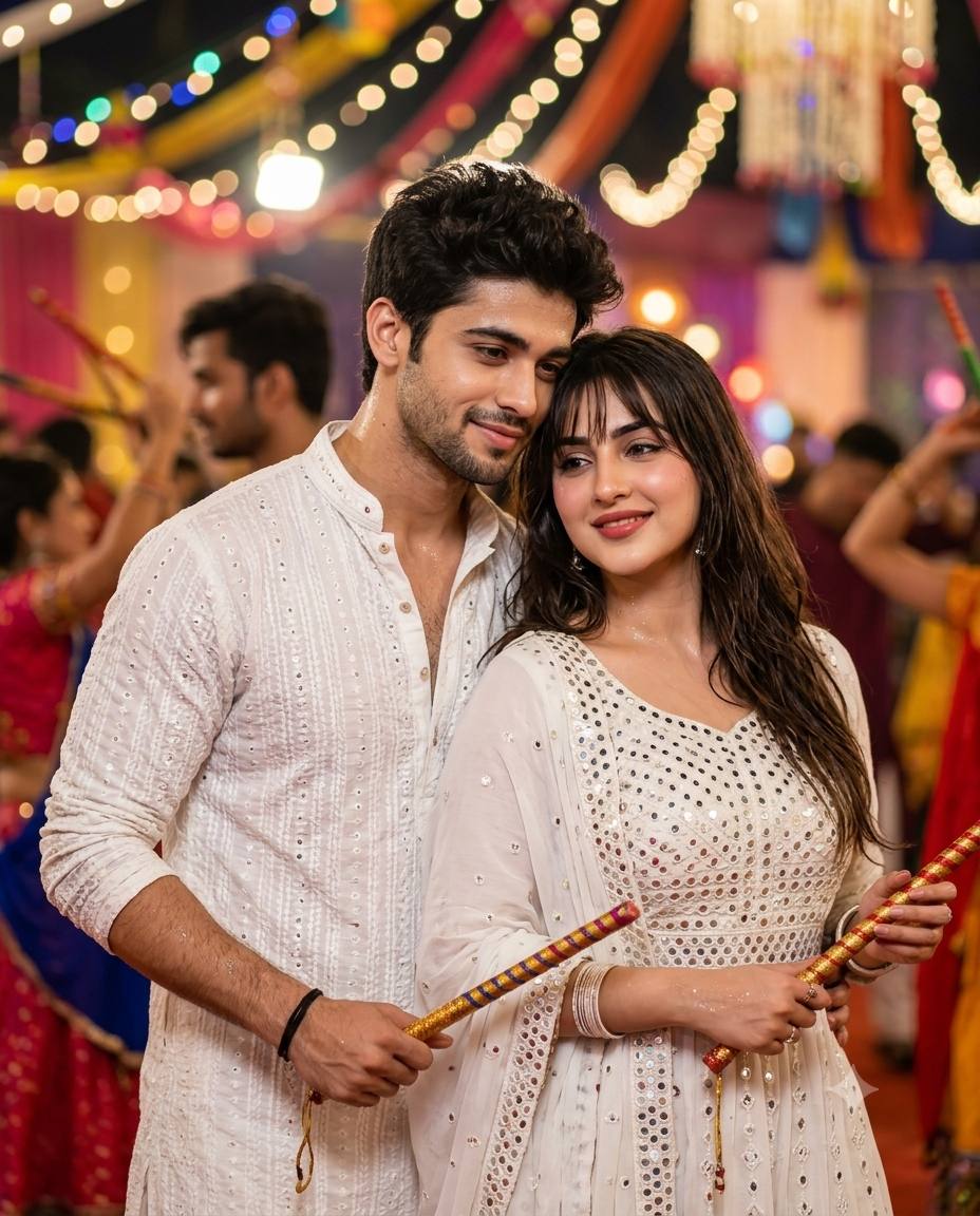 Romantic Garba couple AI prompt | White outfits, mirror work & dandiya sticks