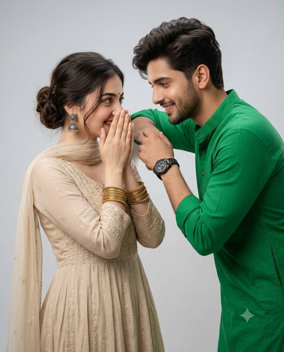 Indian couple portrait AI prompt | Green shirt, beige Anarkali & jhumkas