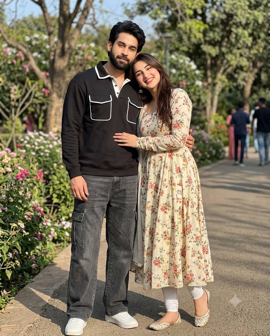Indian couple portrait AI prompt | Black polo, cargo jeans & casual fashion