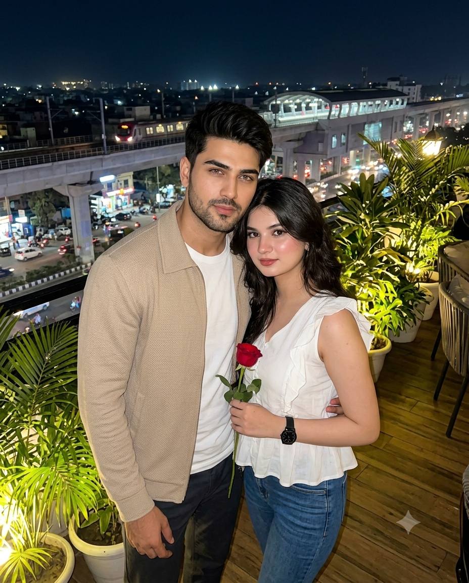South Asian couple rooftop AI prompt | Beige jacket, ruffled top & red rose