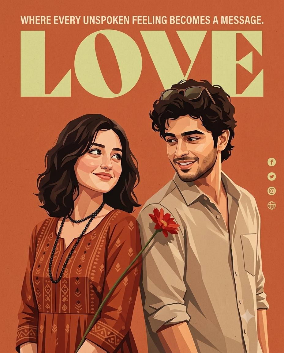 Couple vector poster AI prompt | Red flower & retro LOVE typography
