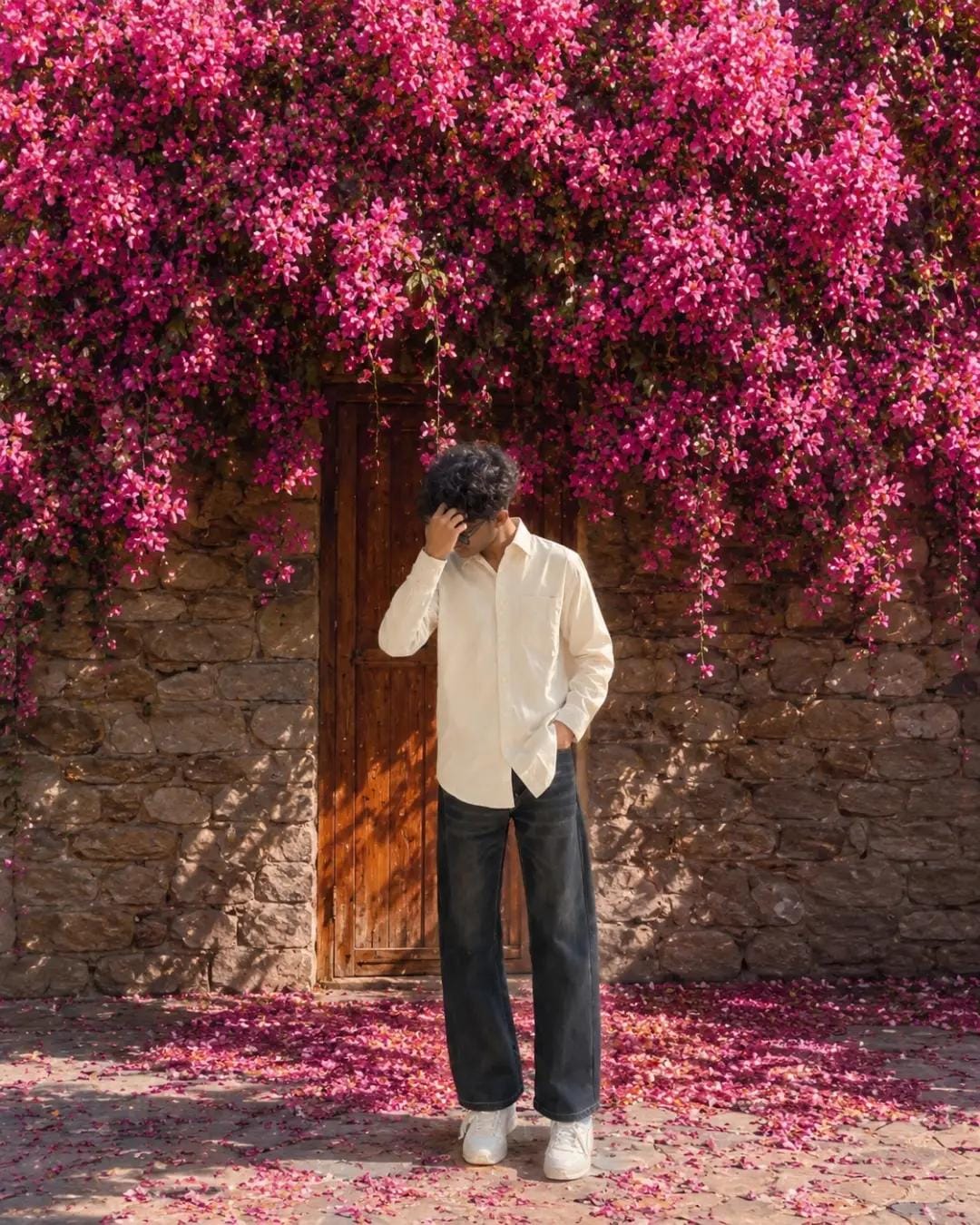 Rustic Stone Wall Background AI Prompt | Aesthetic Bougainvillea Scene
