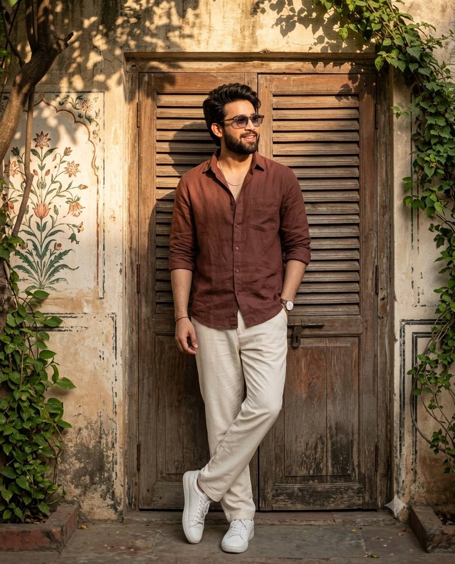 Heritage courtyard man portrait AI prompt | Maroon shirt & cream trousers