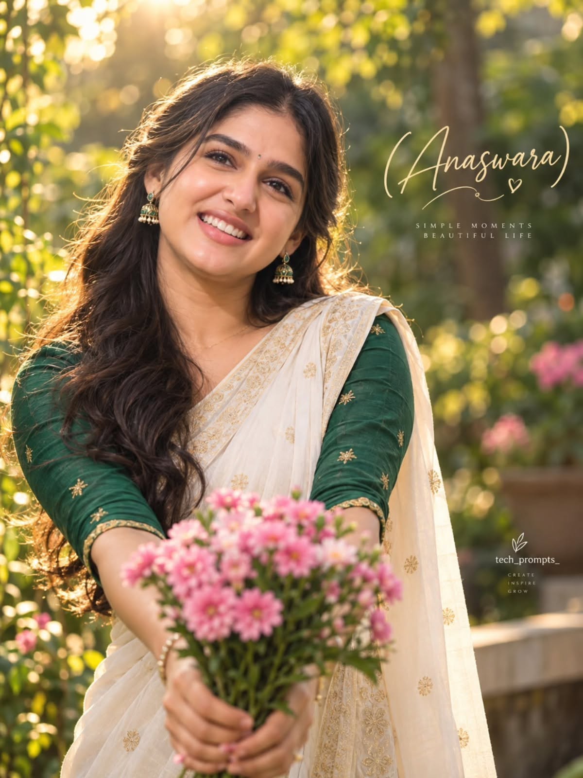 South Asian Woman Bengali Saree Garden Portrait AI Prompt Golden Hour