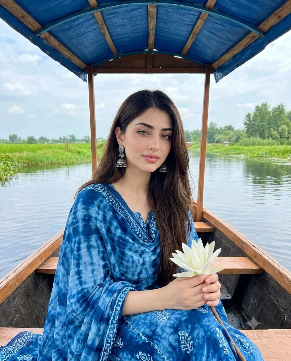 Beautiful Woman River Boat Portrait AI Image Prompt | Blue Tie-Dye Outfit & Water Lily Style