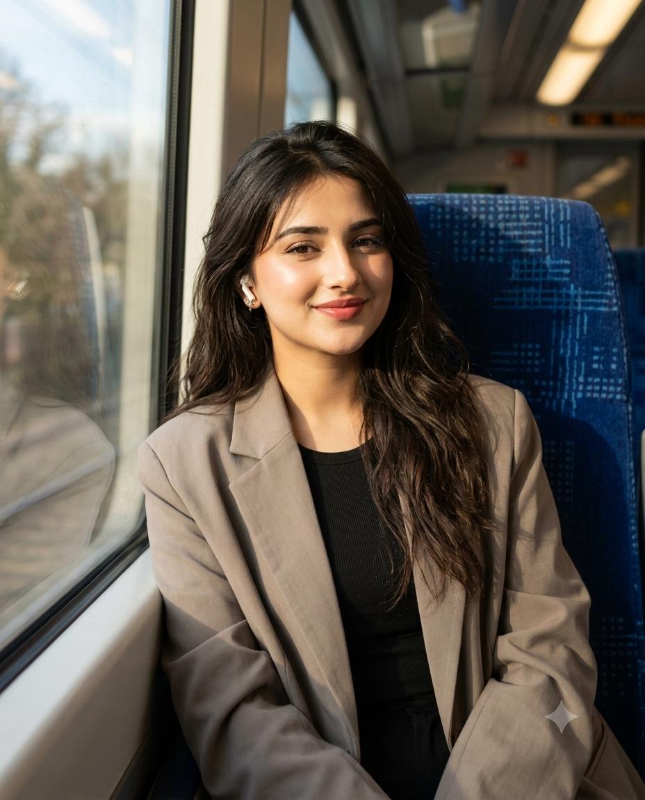 South Asian Woman Train Portrait AI Image Prompt | Beige Blazer & Warm Travel Photography