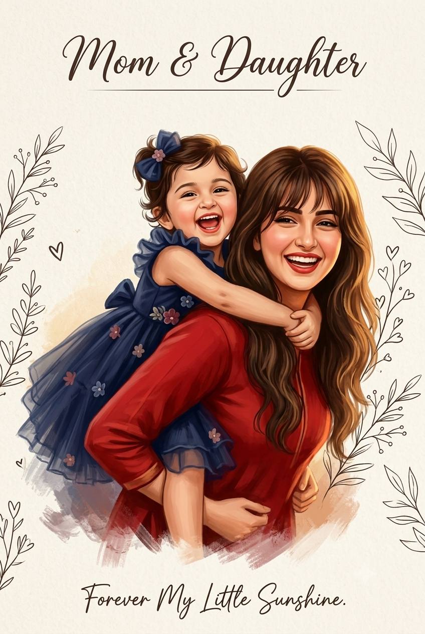South Indian mother-daughter AI prompt | Piggyback ride & warm illustration