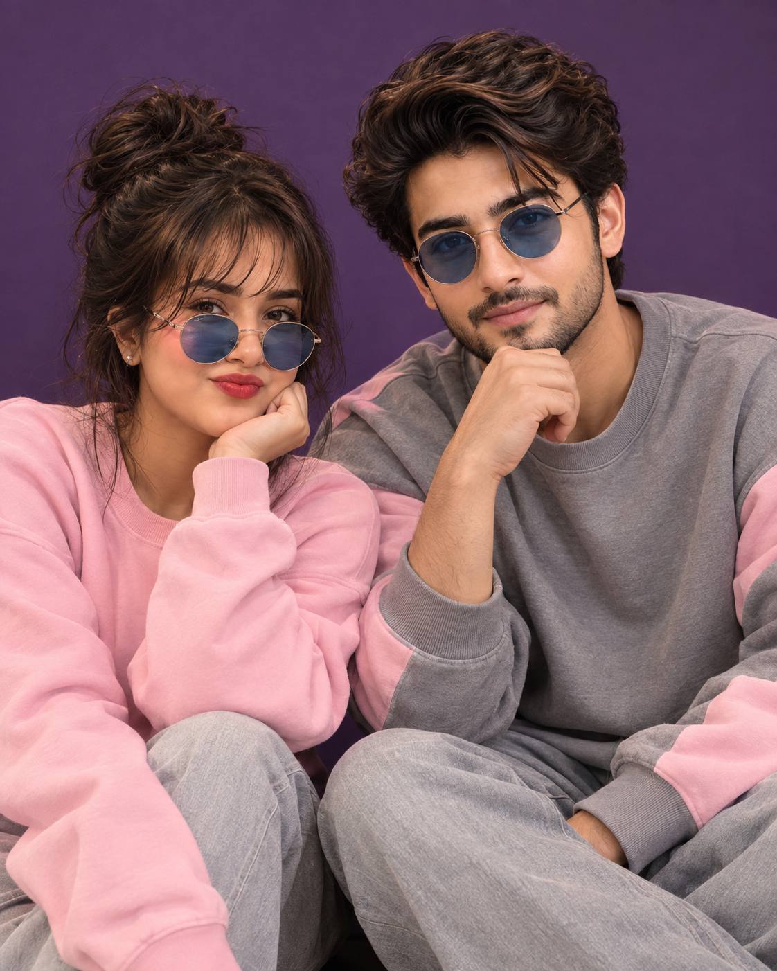 Indian couple digital art AI prompt | Pink-grey sweatshirts & purple background
